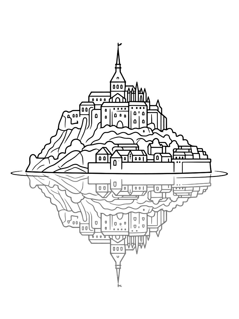 Mont Saint-Michel At High Tide With The Castle Reflected In The Surrounding Water Coloring Page — free printable for kids and adults