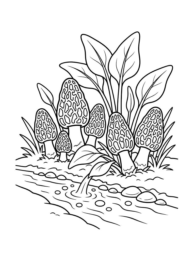 Morels And Ramps Growing Near A Bubbling Spring Brook Coloring Page — free printable for kids and adults