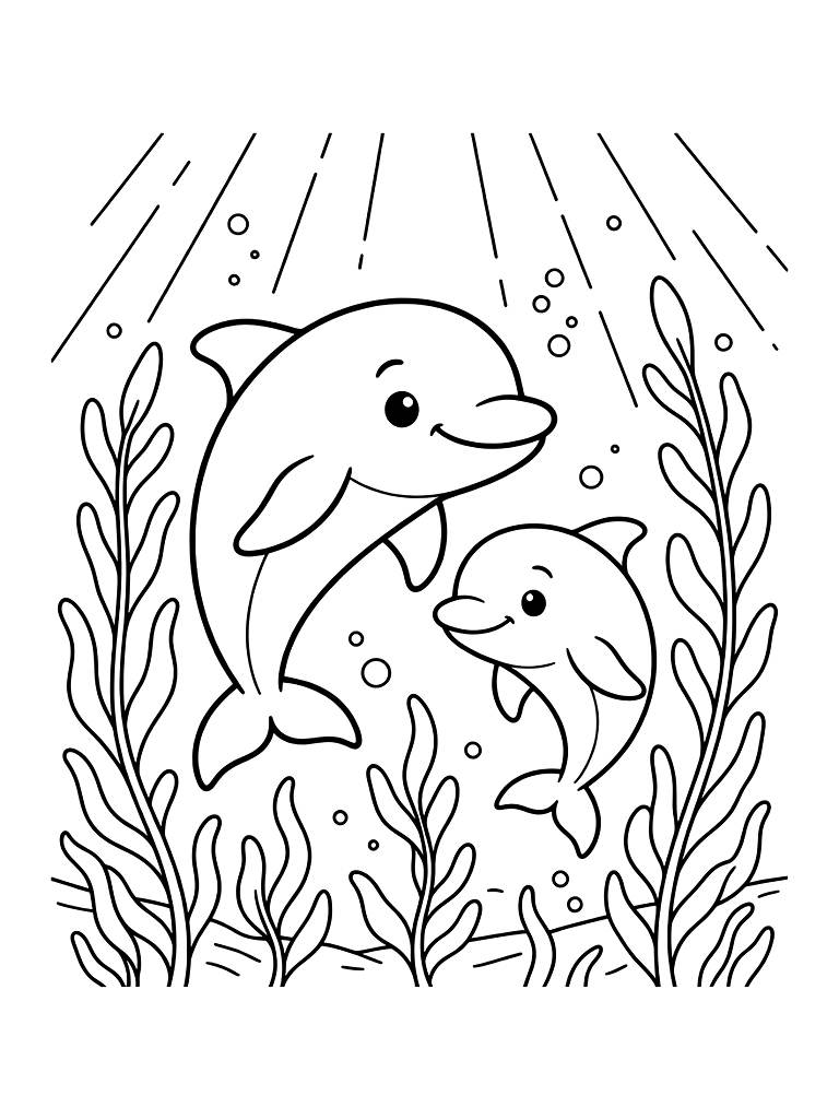 Mother Dolphin And Her Calf Swimming Side-by-side Through A Sun-drenched Kelp Forest In The Ocean Coloring Page
