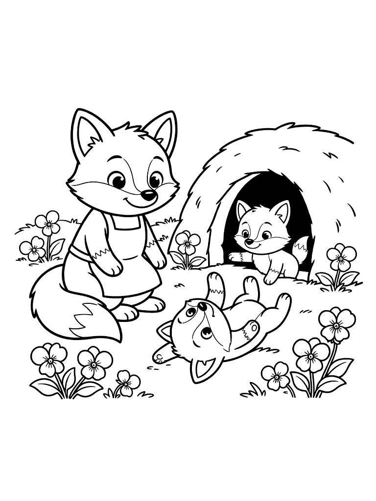 Mother Fox And Kits Playing Outside A Den Surrounded By Violets Coloring Page — free printable for kids and adults
