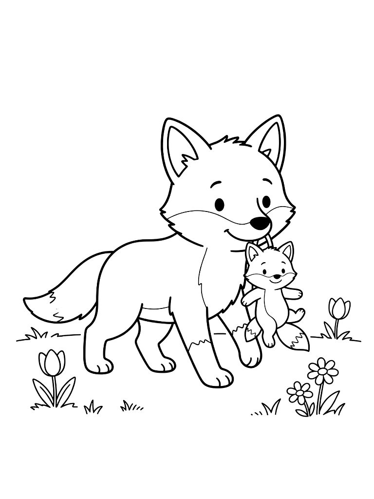 Mother Fox Carrying A Single Kit By The Scruff Of Its Neck Through A Spring Meadow Coloring Page