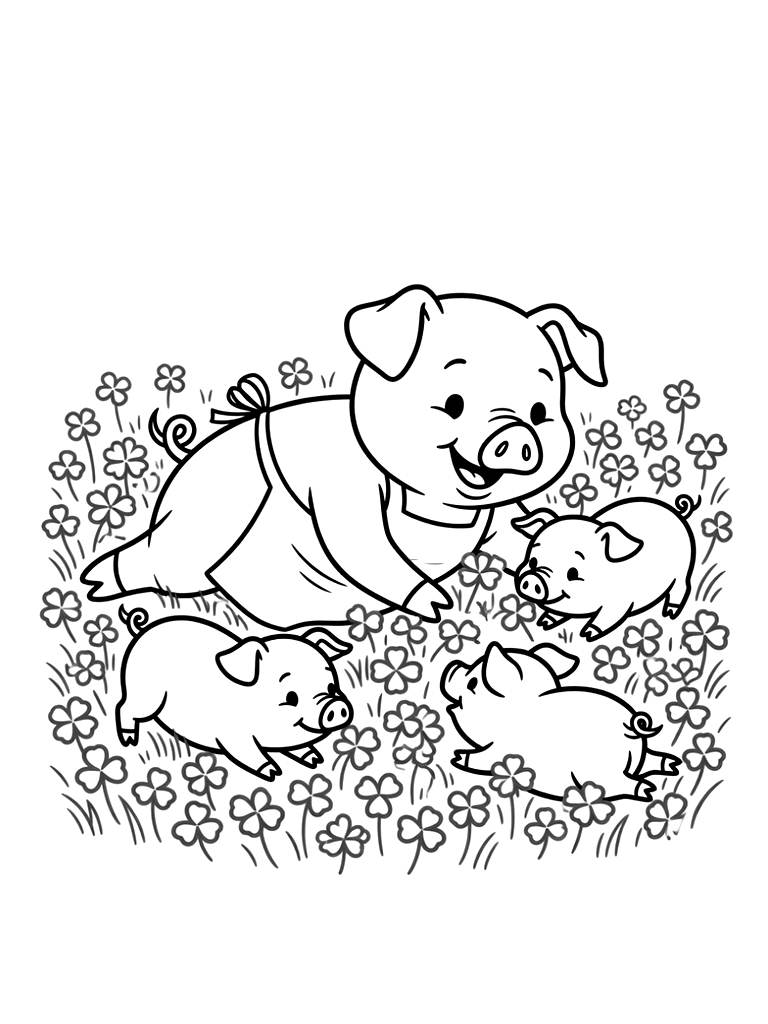 Mother Pig With Her Piglets Playing In A Field Of Green Clover Coloring Page