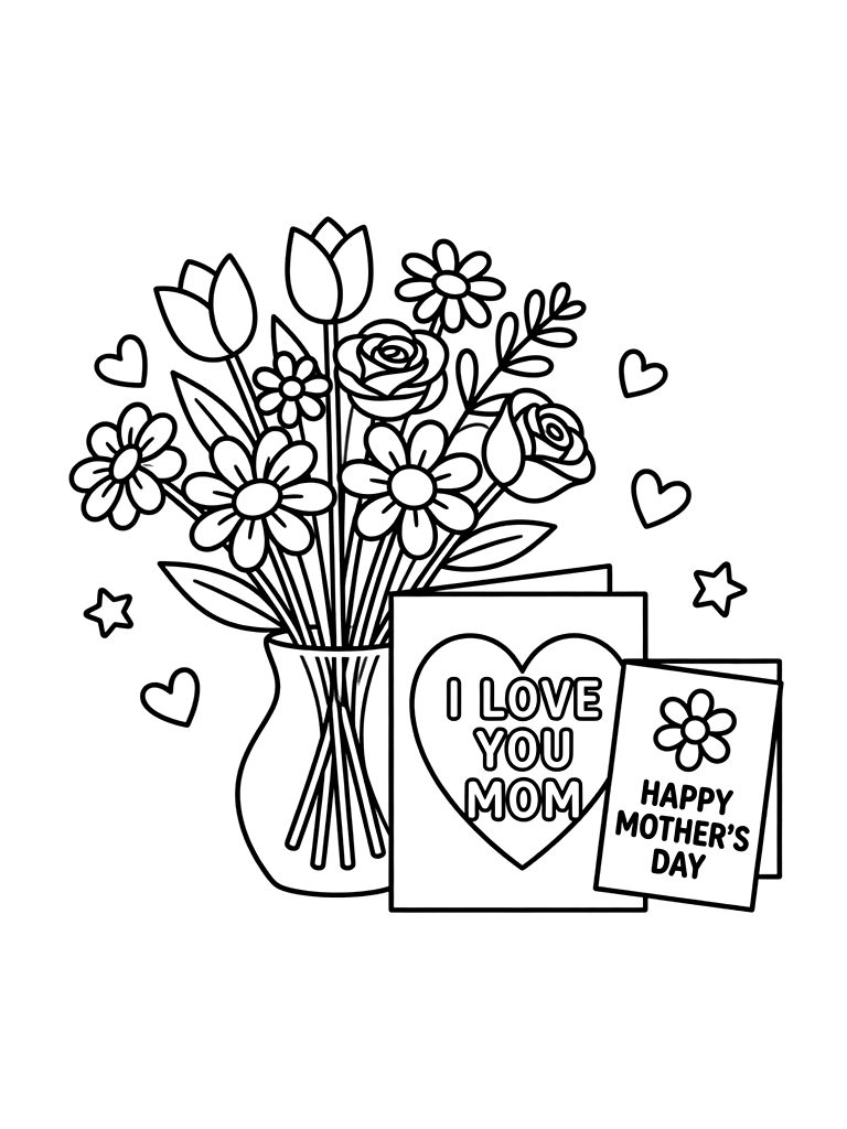 Mother's Day Floral Bouquets And Cards coloring page — free printable for kids and adults