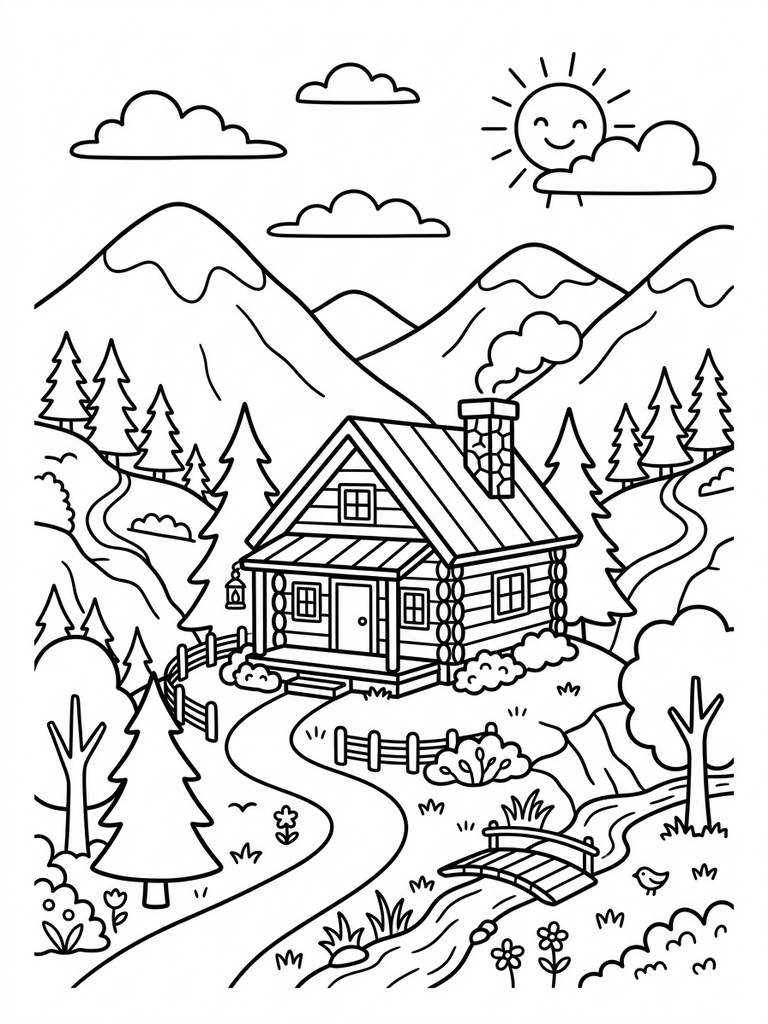 Mountain Cabin / Cozy Mountain Landscape Coloring Page