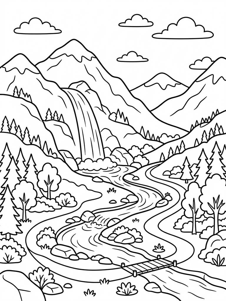 Mountain Waterfall & River Valley Coloring Page