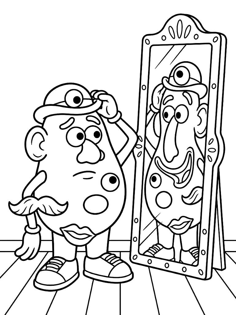 Mr Potato Head Looking Hilariously Confused With His Facial Features Completely Mixed Up Standing In Front Of A Carnival Mirror coloring page — free printable for kids and adults