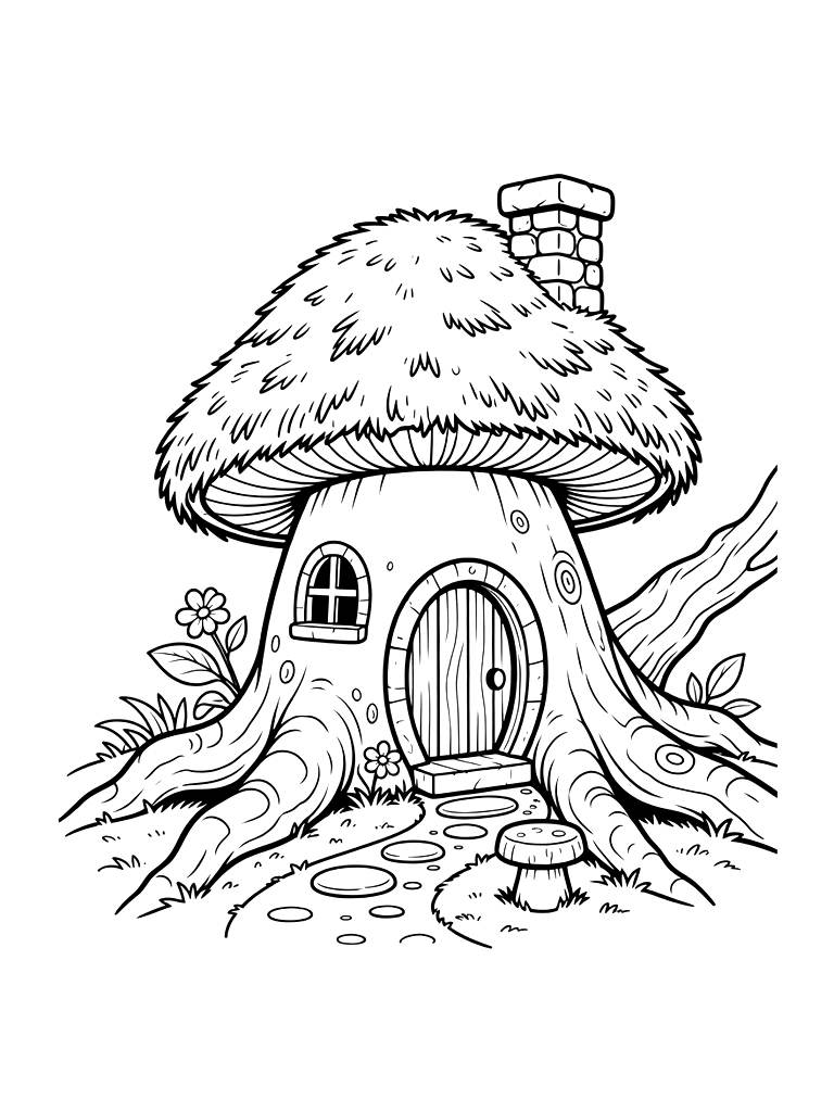 Mushroom Cottage Built Into A Giant Tree Root With A Mossy Thatched Roof And A Tiny Stone Chimney Coloring Page — free printable for kids and adults