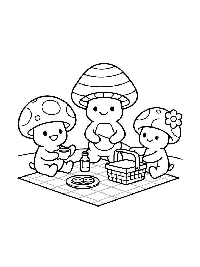 Mushroom Friends Picnic Coloring Page