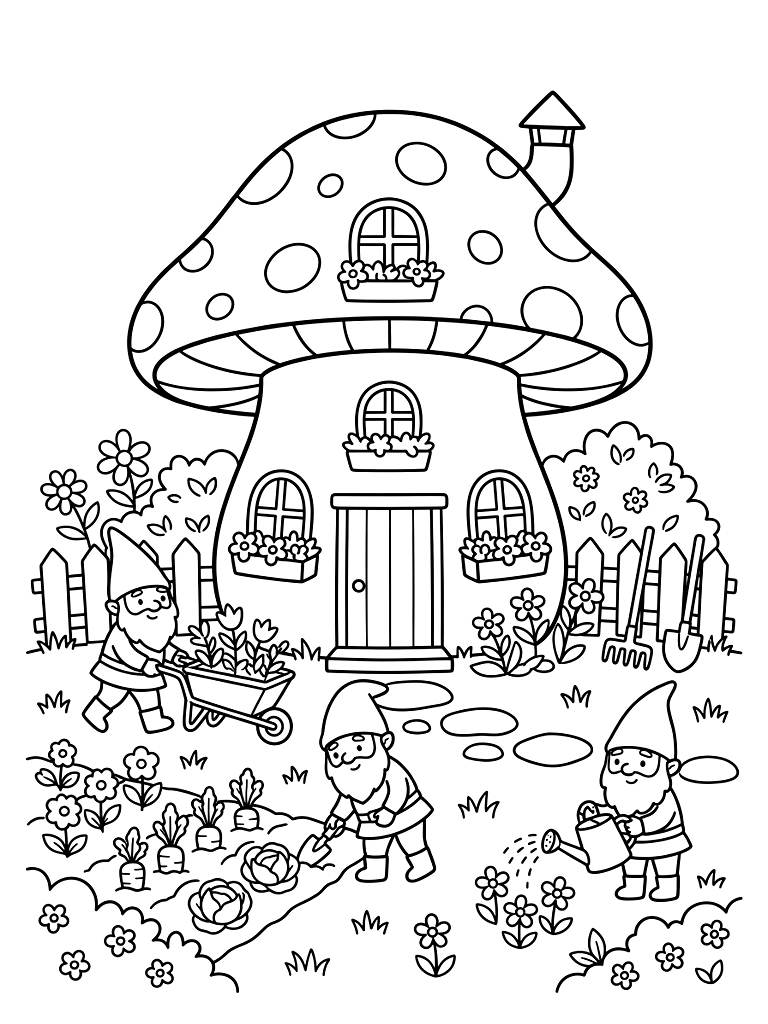 Mushroom House With Cute Gardening Gnomes coloring page — free printable for kids and adults