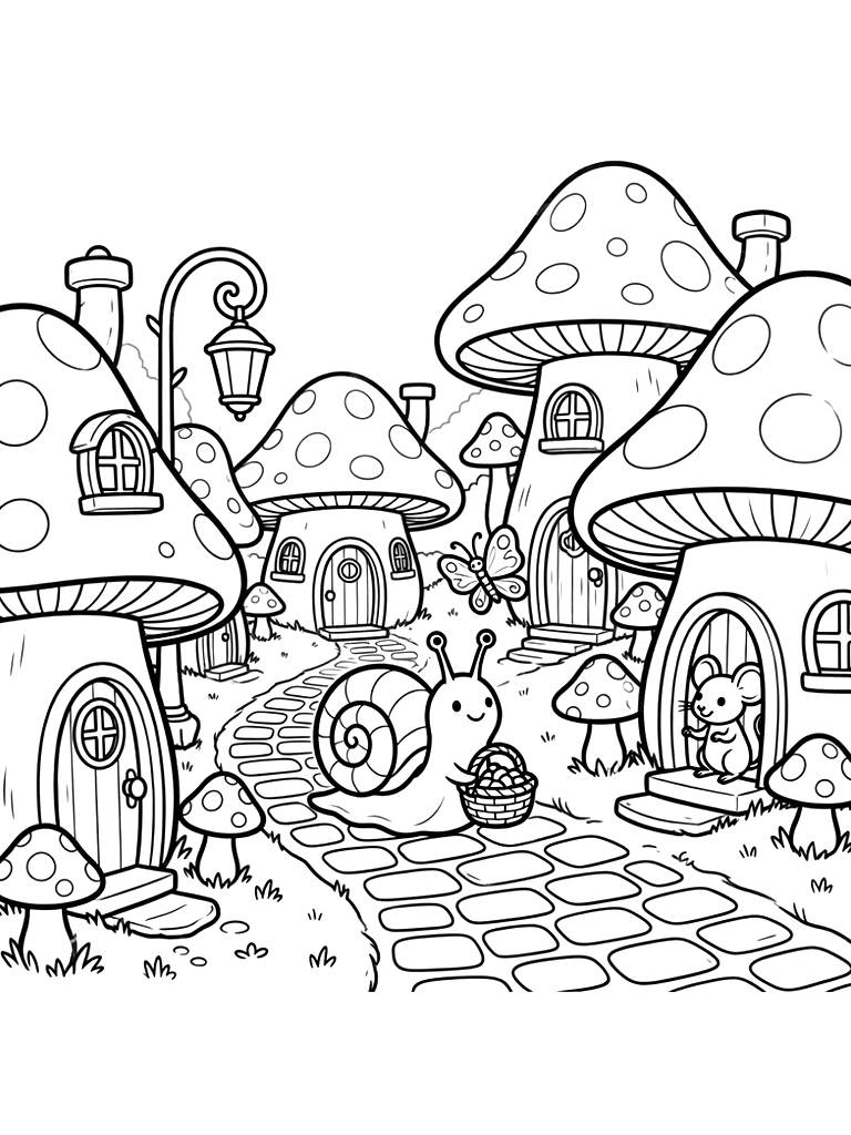 Mushroom Village Street Coloring Page