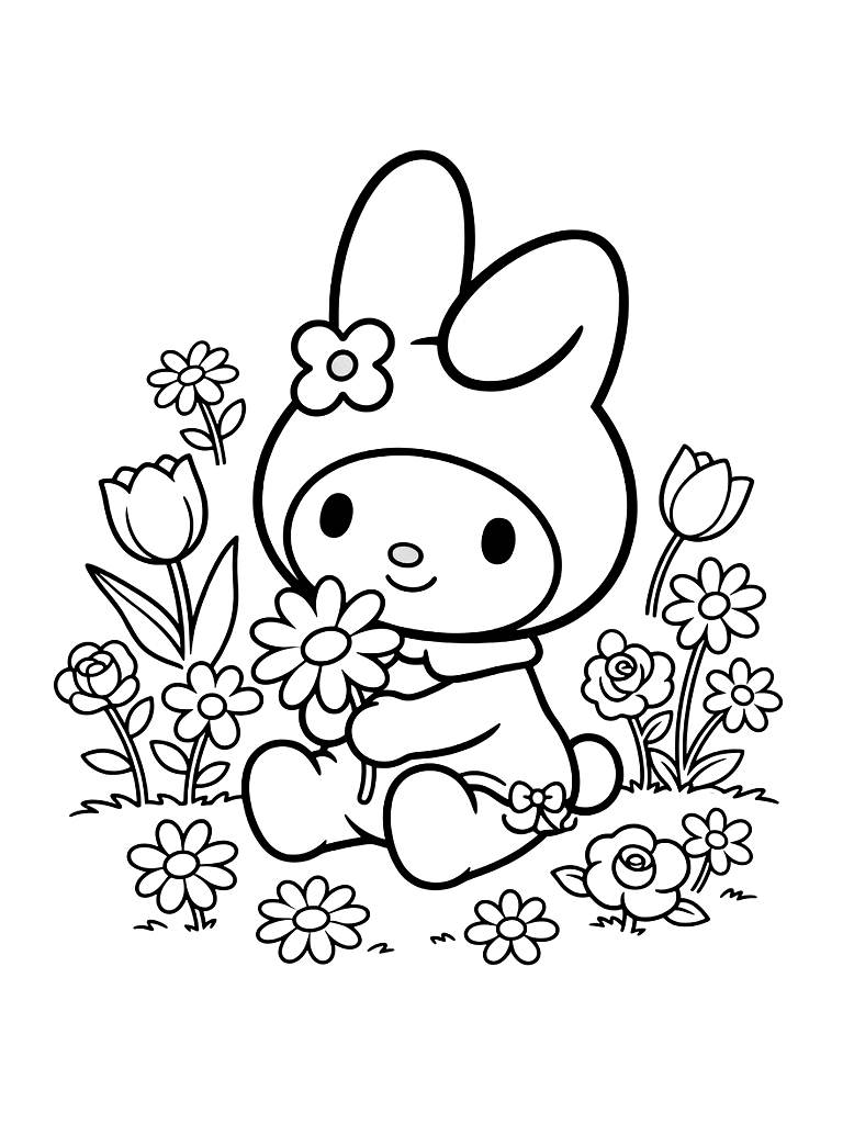 My Melody In Flower Garden Or With Hood Coloring Page