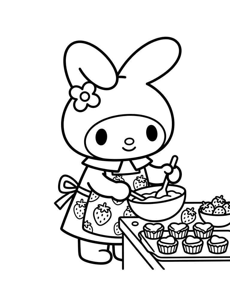 My Melody Wearing A Strawberry-themed Apron And Baking Heart-shaped Cupcakes Coloring Page — free printable for kids and adults