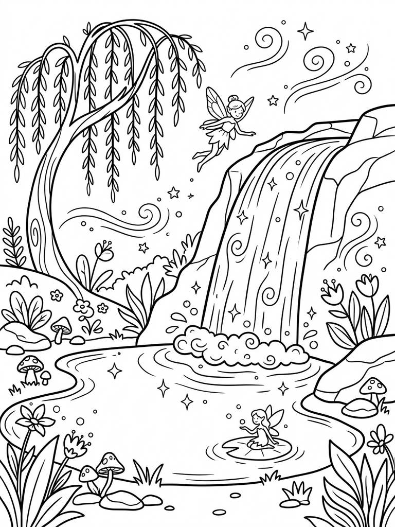 Mystical Waterfall / Glowing Lake With Fairy Elements Coloring Page