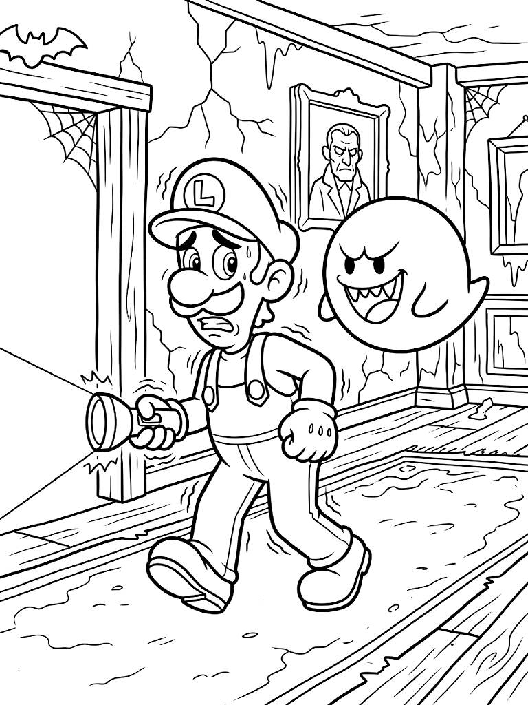 Nervous Luigi Holding A Trembling Flashlight Walking Through A Spooky Mansion Hallway While A Mischievous Boo Sneaks Up Behind Him coloring page — free printable for kids and adults