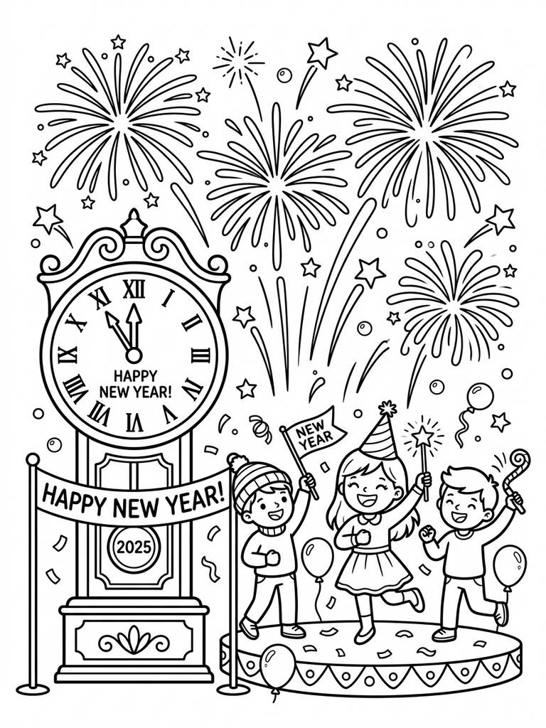 New Year Celebration With Fireworks And Clock Coloring Page