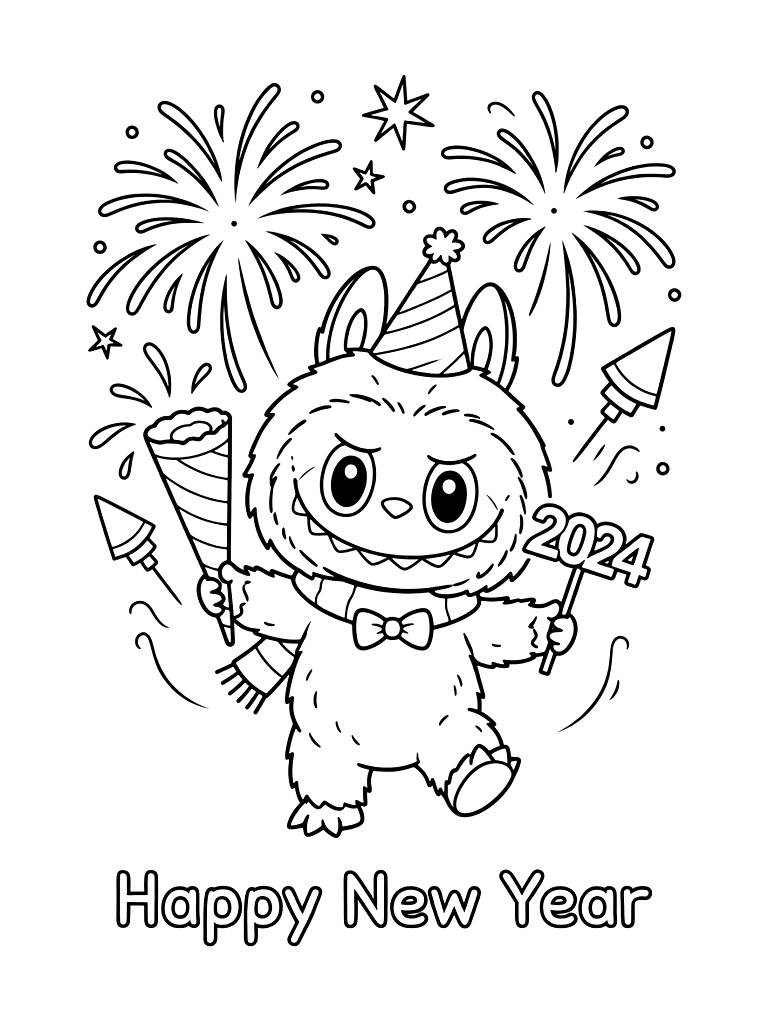 New Year Labubu With Fireworks Coloring Page