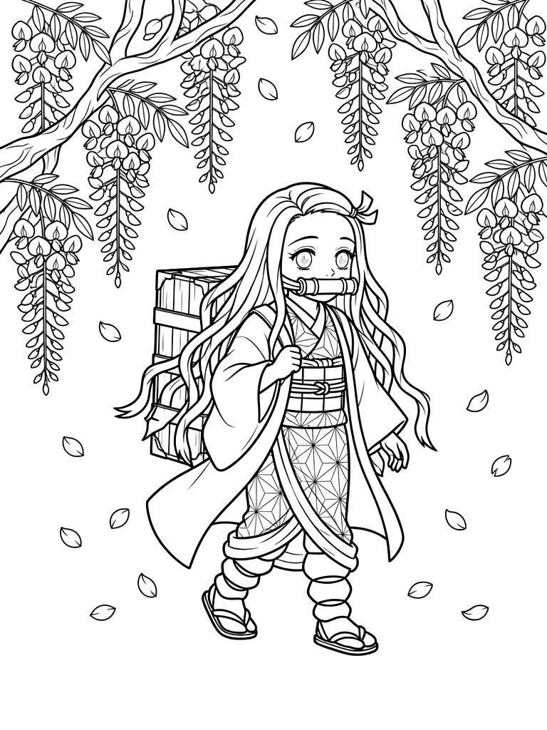 Nezuko Kamado Walking Through A Beautiful Forest Of Glowing Wisteria Flowers With Purple Petals Falling Around Her coloring page — free printable for kids and adults