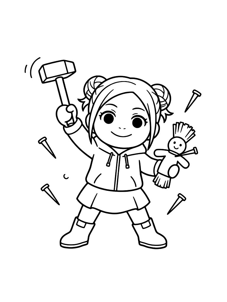 Nobara Kugisaki Using Her Straw Doll And Hammer Technique With Floating Nails Coloring Page