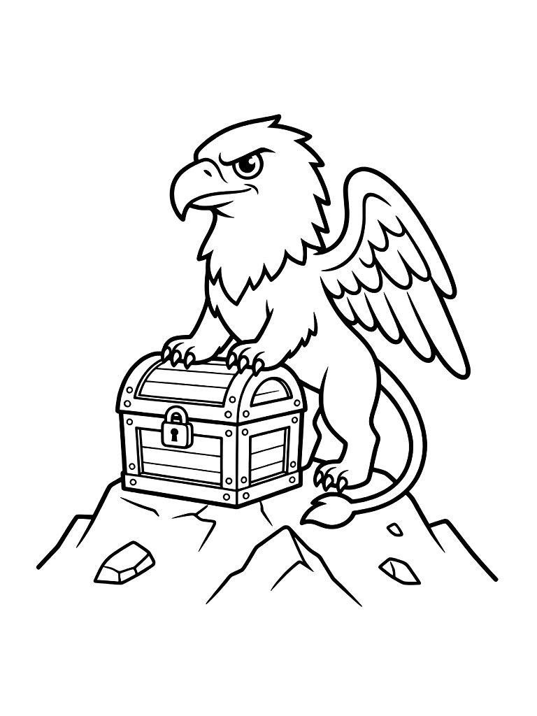 Noble Griffin With The Head Of An Eagle And Body Of A Lion Guarding A Golden Chest Atop A Mountain Coloring Page