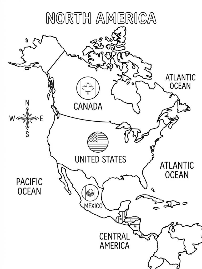 North America Continent Map With Countries And Flags Coloring Page