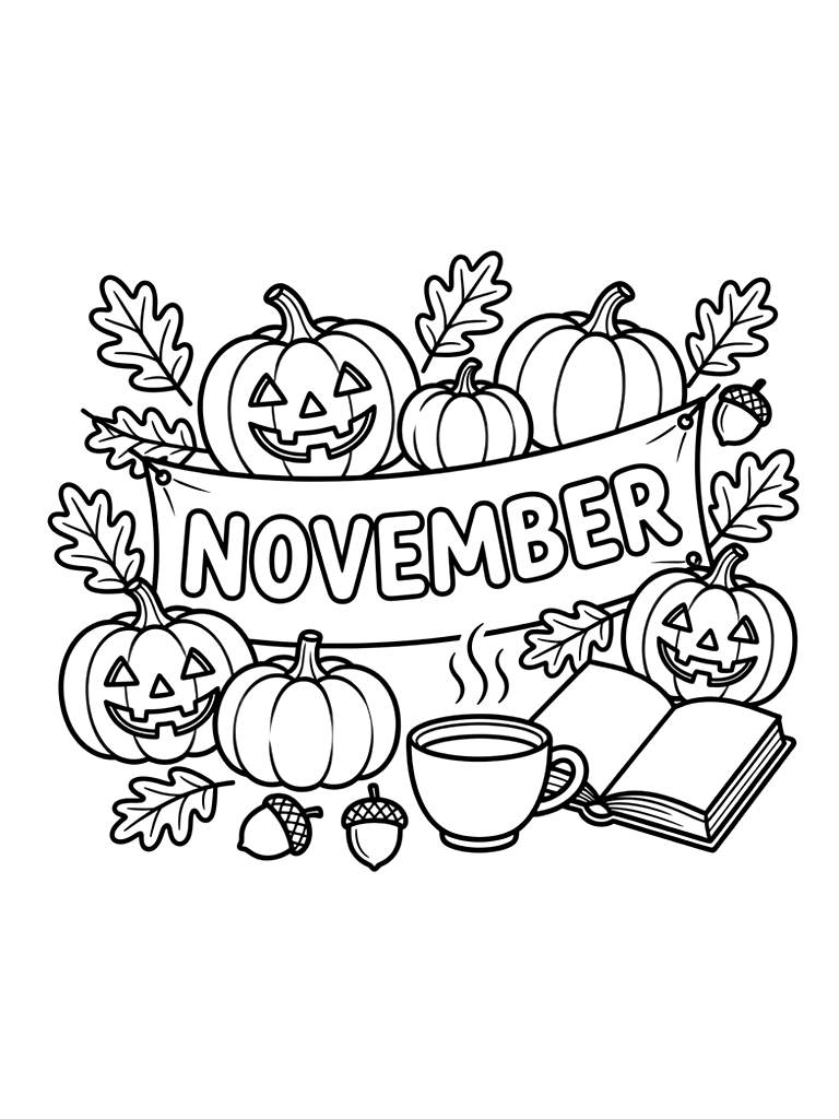 November Banner Surrounded By Detailed Pumpkins Coloring Page