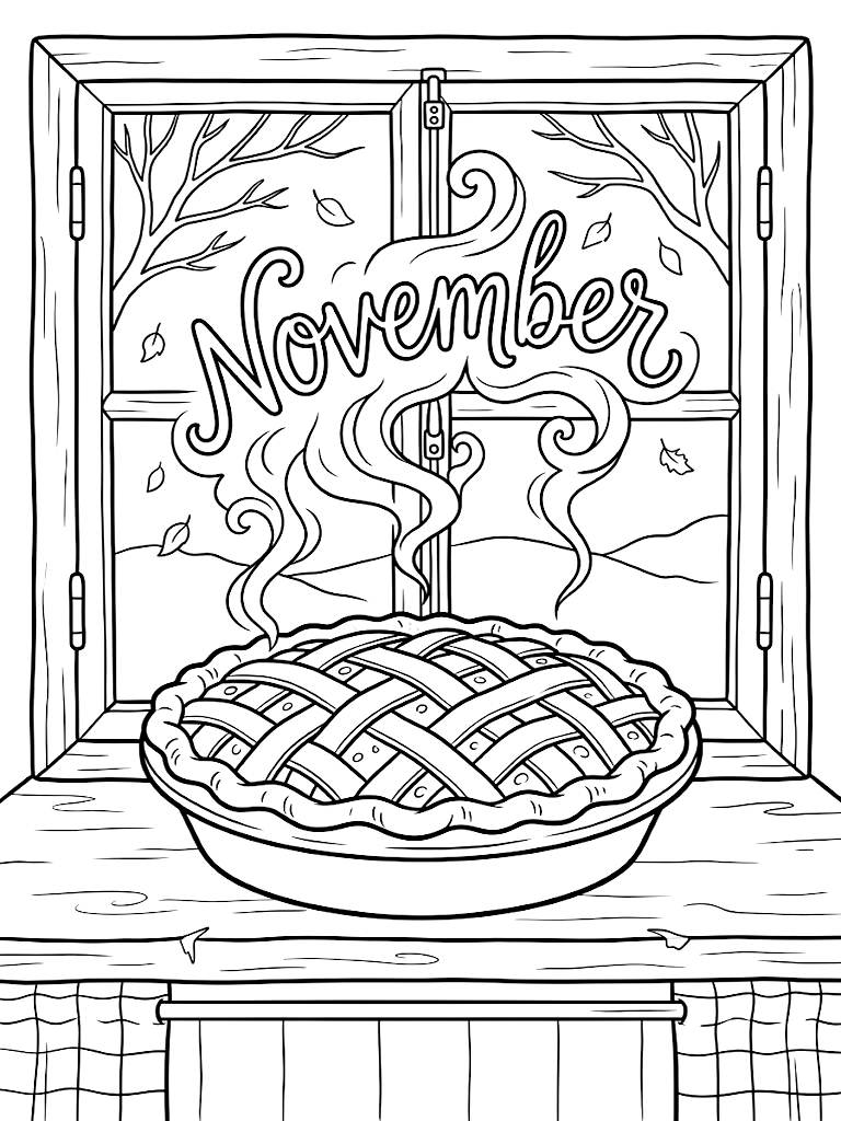 November Lettering Steaming Up From A Freshly Baked Lattice-Crust Apple Pie Cooling On A Vintage Kitchen Windowsill coloring page — free printable for kids and adults