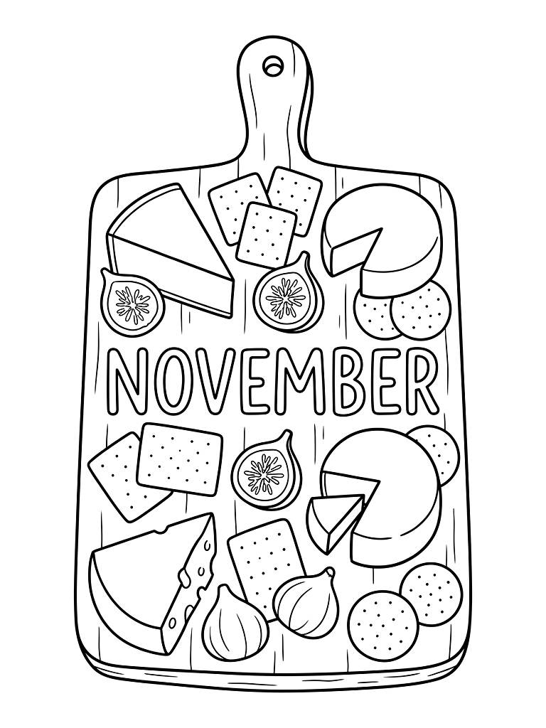 November Typography Etched Into A Rustic Wooden Charcuterie Board Filled With Artisan Cheeses Fresh Figs And Crackers Coloring Page
