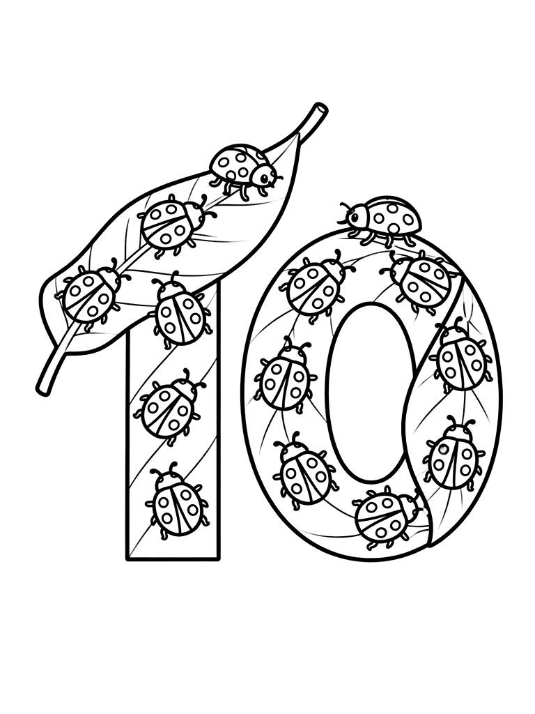 Number 10 Represented By Ten Tiny Ladybugs On A Green Leaf Coloring Page — free printable for kids and adults