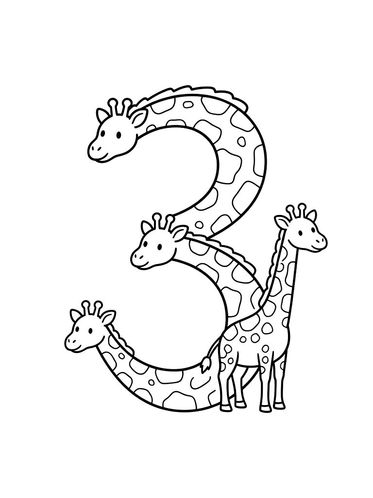 Number 3 Designed As Three Tall Giraffes With Long Necks In A Savanna Coloring Page — free printable for kids and adults