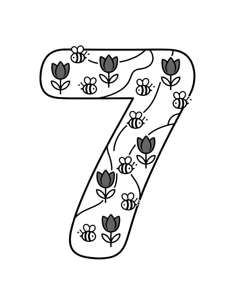Number 7 Shaped Out Of A Garden Path With Seven Bright Red Tulips And Seven Buzzing Bees coloring page — free printable for kids and adults