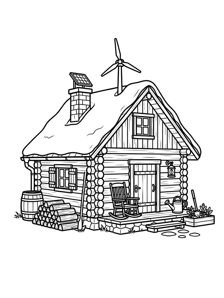 Off-Grid Mountain Cabin Coloring Page