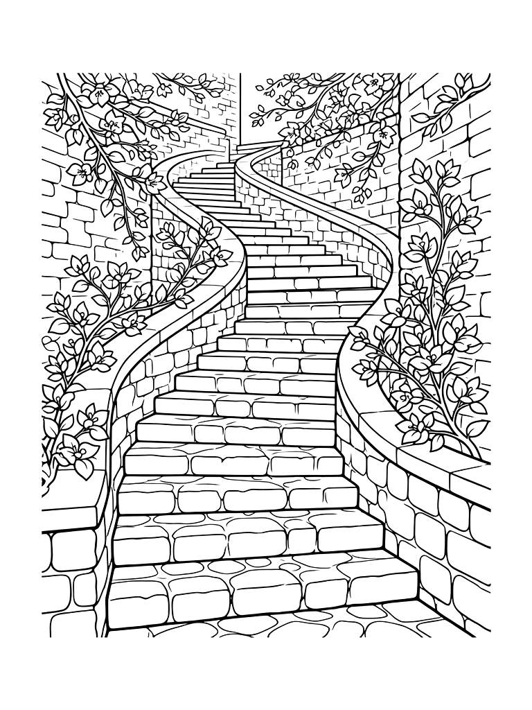 Old Stone Staircase In A Croatian Village Winding Between White Stone Walls Draped In Purple Bougainvillea Coloring Page