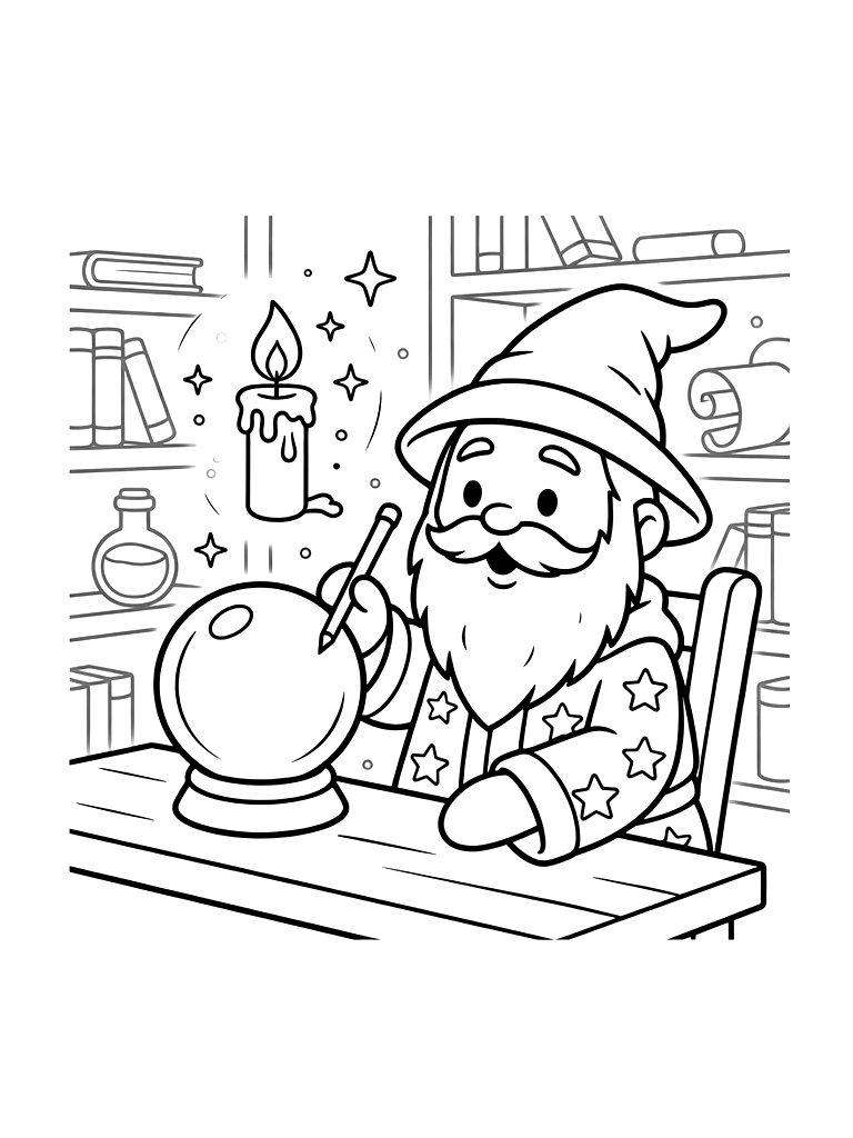 Old Wizard's Study With A Crystal Ball And A Floating Magical Candle Coloring Page