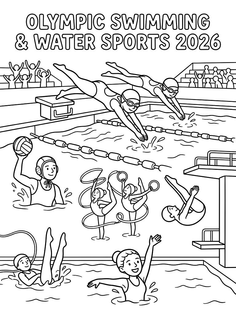 Olympic Swimming And Water Sports 2026 coloring page — free printable for kids and adults