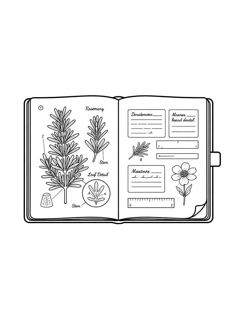 Open Botanical Journal Featuring A Detailed Rosemary Study Coloring Page