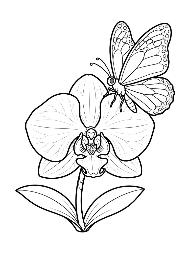 Orchid And Butterfly Coloring Page