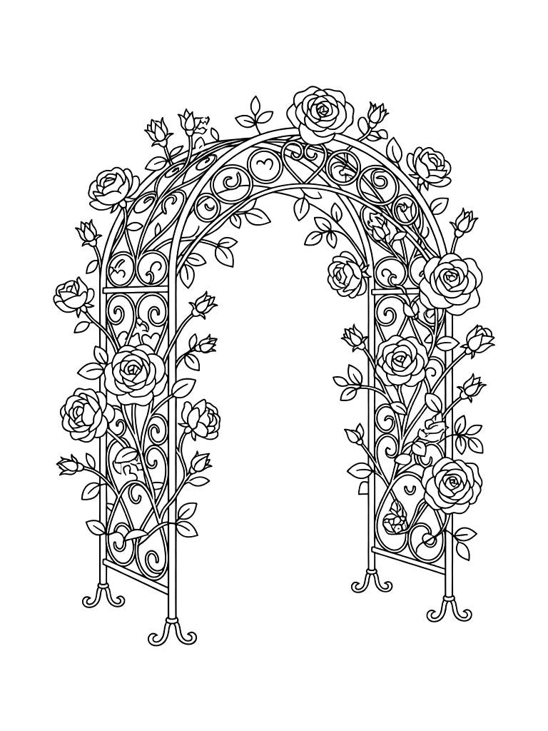 Ornate Iron Garden Archway Covered In Blooming Climbing David Austin Roses Coloring Page