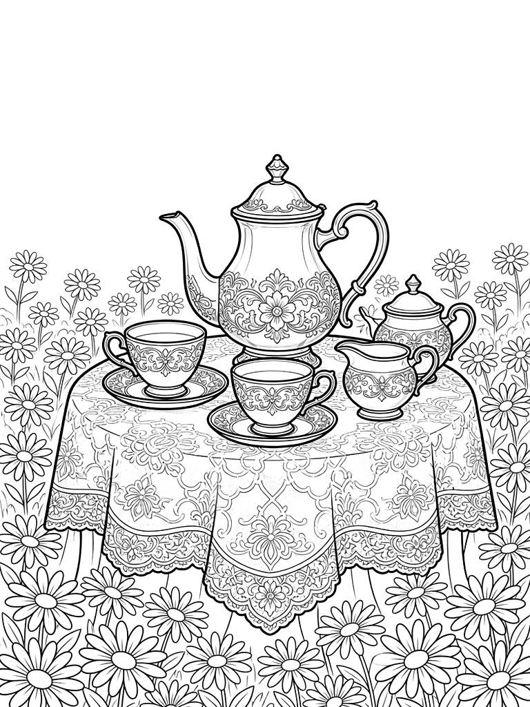 Ornate Silver Tea Service On A Lace Tablecloth In A Field Of Blooming White Daisies Coloring Page