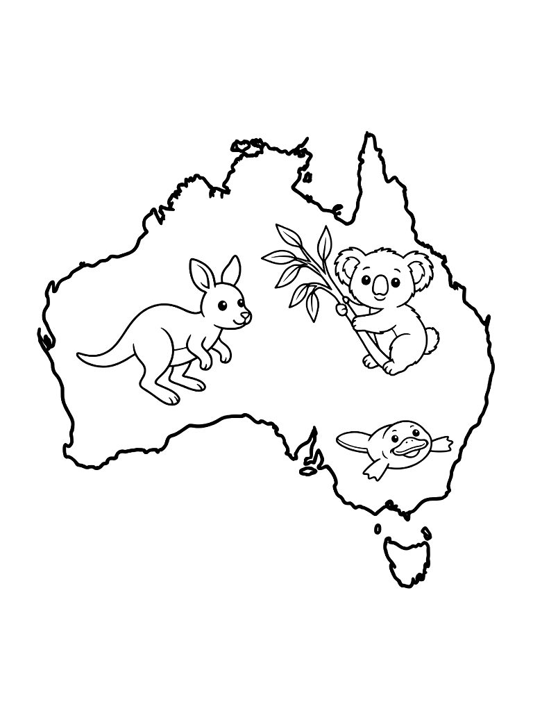 Outline Map Of Australia Filled With Drawings Of A Kangaroo coloring page — free printable for kids and adults