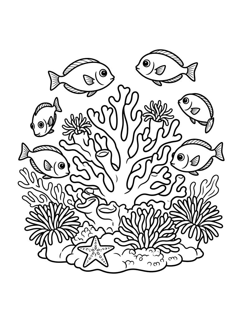 Overhead View Of A Tropical Coral Reef With A School Of Colorful Tang Fish Coloring Page — free printable for kids and adults