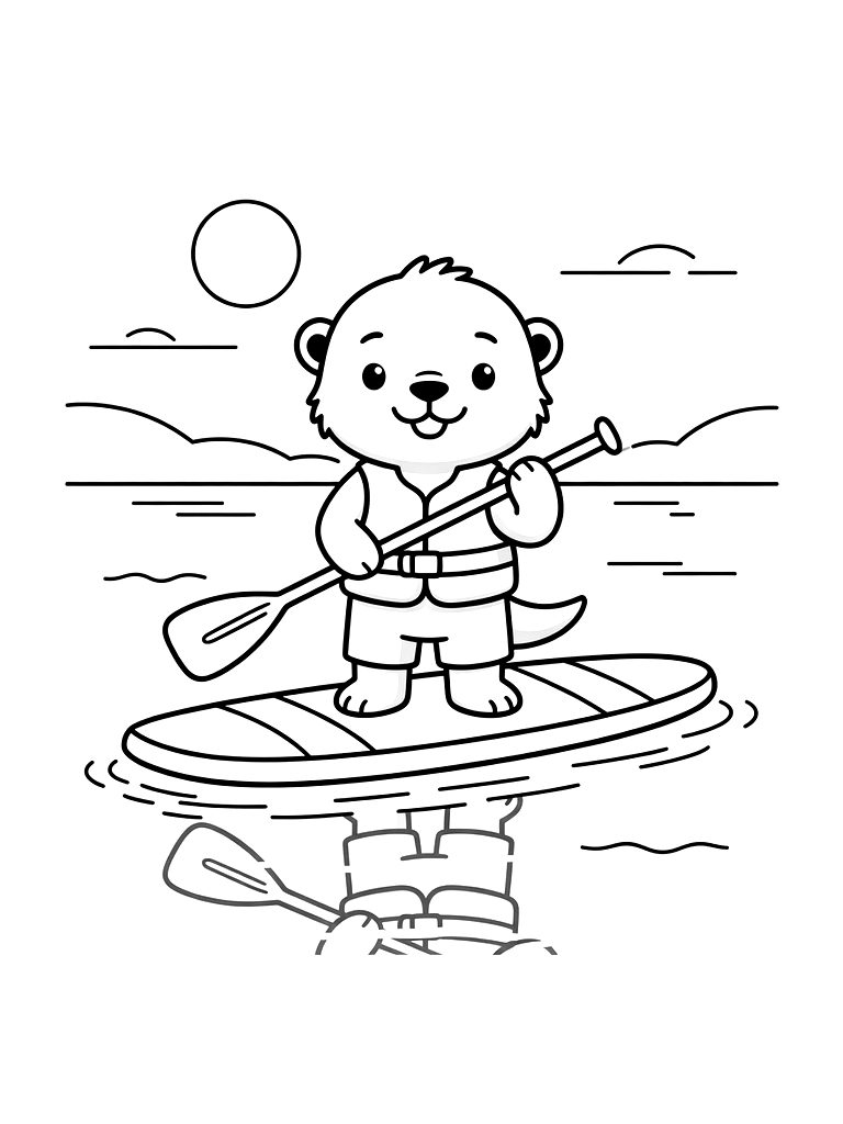 Paddleboarder Standing On A Calm Lake At Sunrise With The Reflection Of The Board In The Water Coloring Page