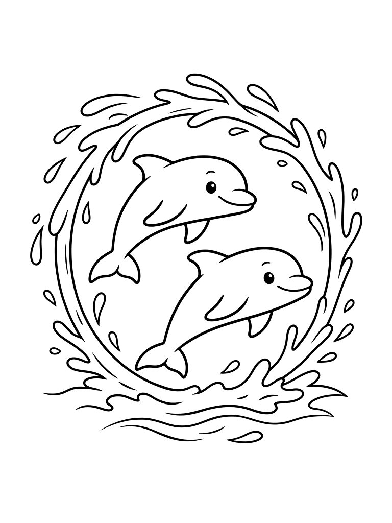 Pair Of Dolphins Jumping Through A Hoop Of Ocean Spray Coloring Page