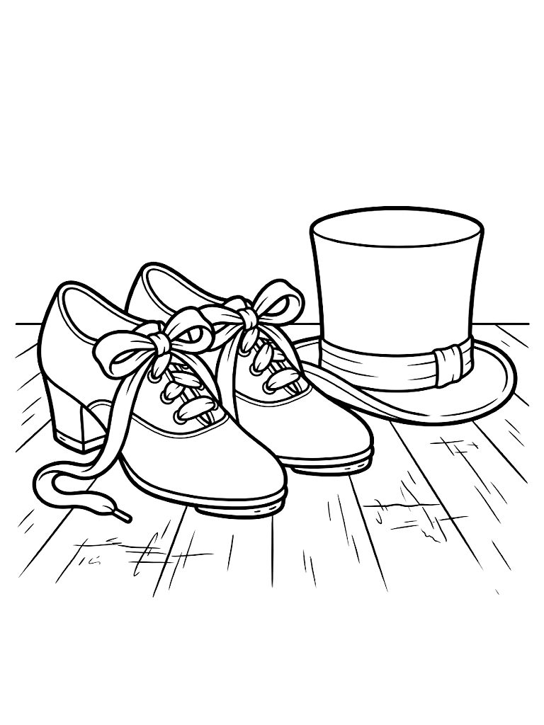 Pair Of Elegant Tap Dance Shoes With Ribbon Laces Resting On A Scuffed Wooden Theater Stage Beside A Vintage Top Hat Coloring Page