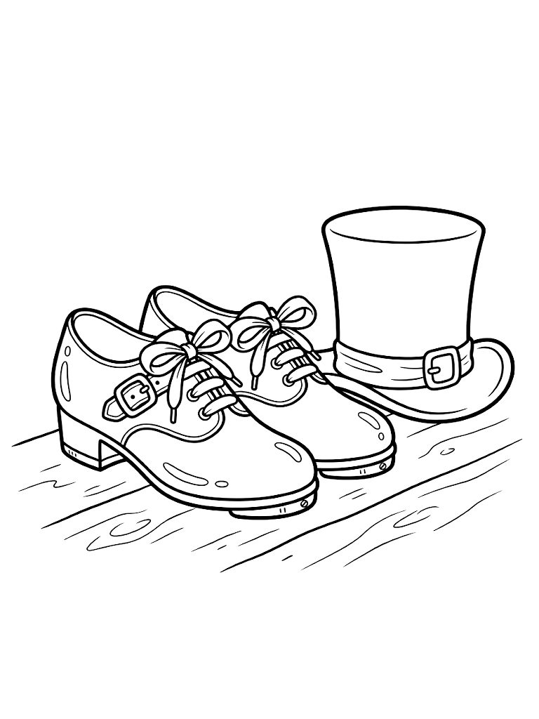 Pair Of Elegant Tap Dance Shoes With Ribbon Laces Resting On A Scuffed Wooden Theater Stage Beside A Vintage Top Hat coloring page — free printable for kids and adults
