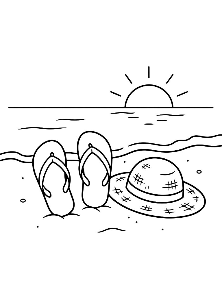 Pair Of Flip-flops And A Straw Hat On A Sandy Beach At Sunset Coloring Page — free printable for kids and adults
