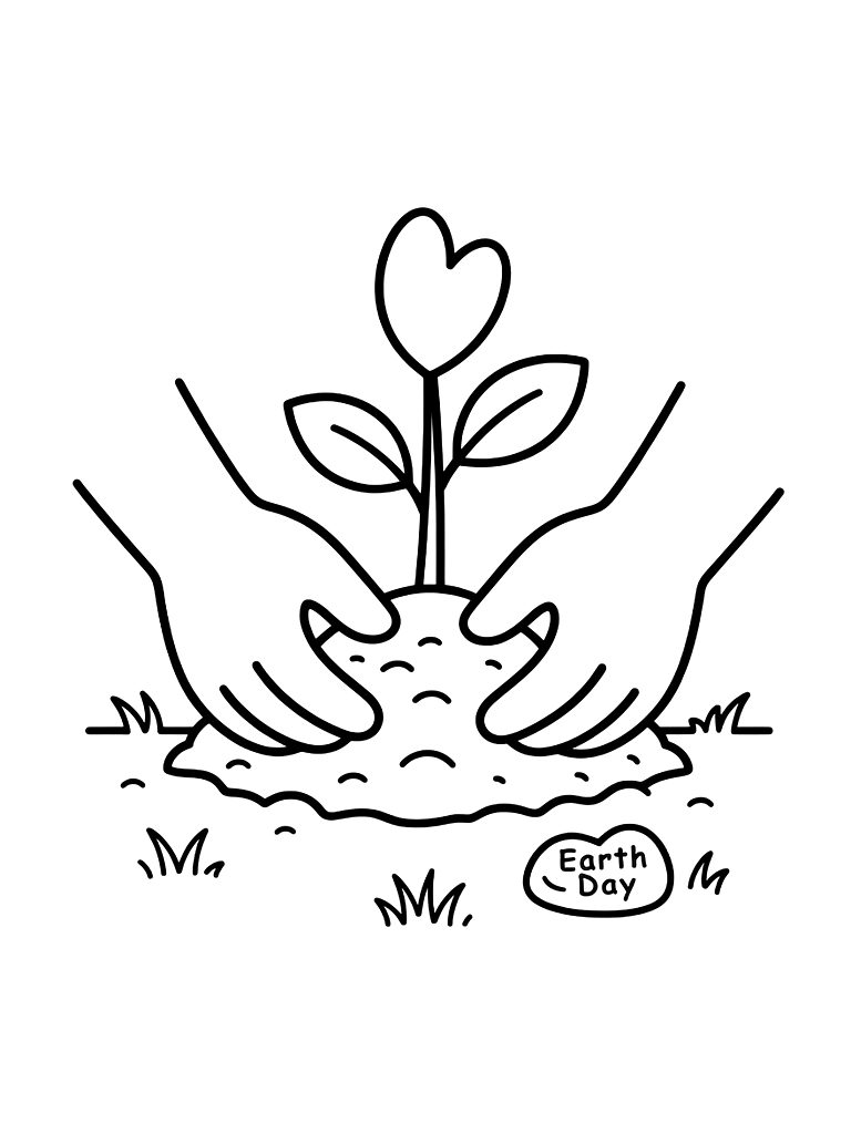 Pair Of Hands Planting A Small Green Sapling In A Garden For Earth Day Celebration Coloring Page