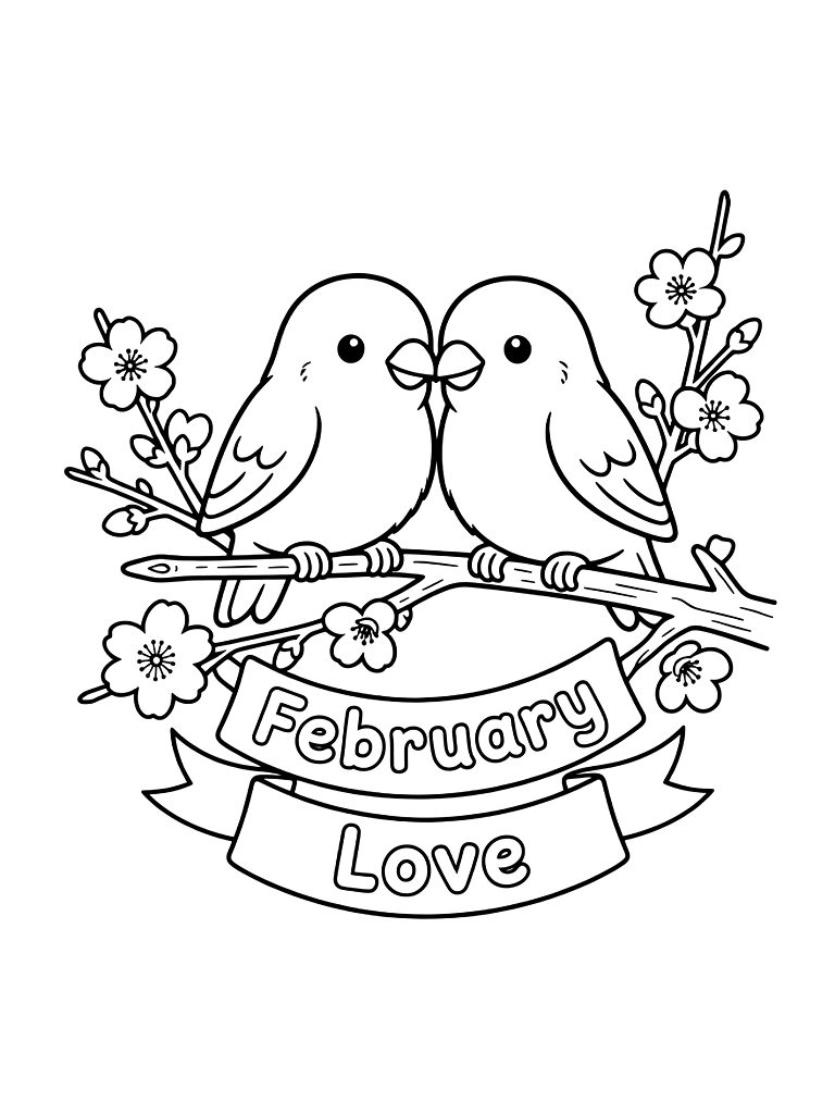 Pair Of Lovebirds Perched On A Blooming Almond Branch With A February Love Banner Coloring Page