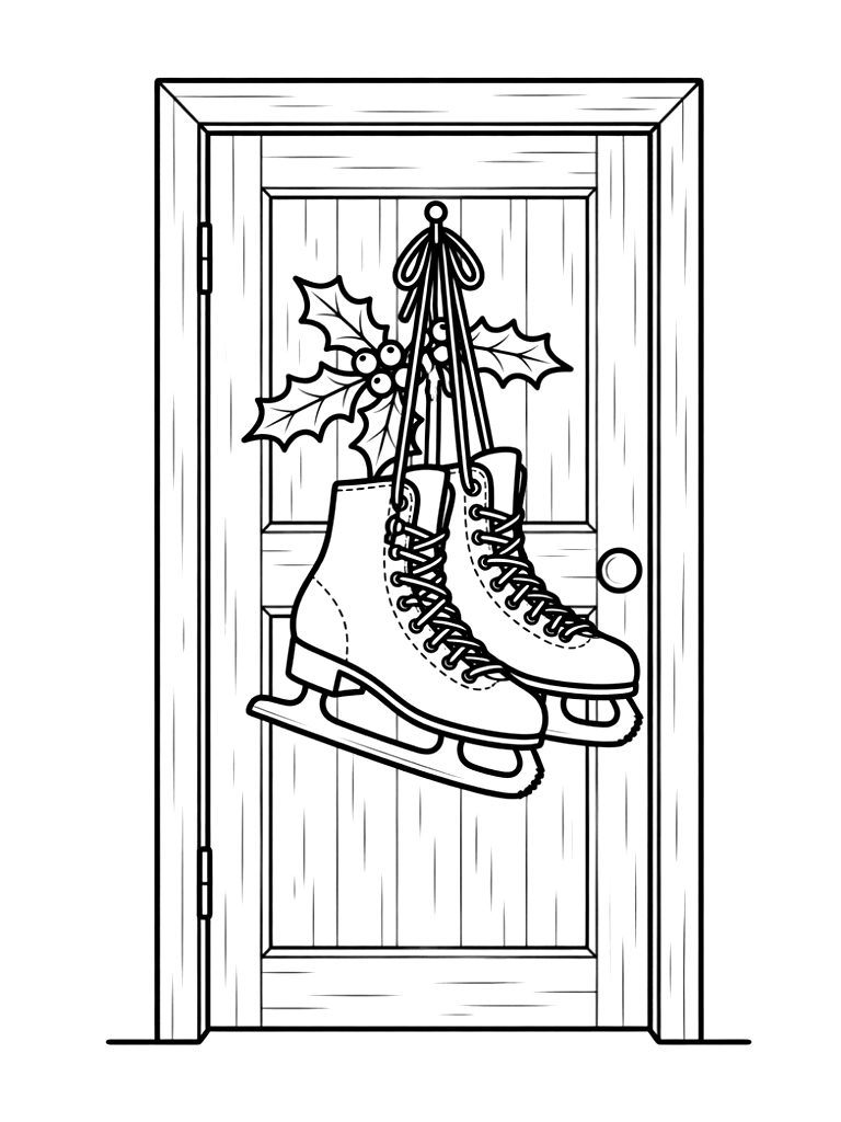Pair Of Vintage Ice Skates Hanging On A Wooden Door With A Sprig Of Red Holly Coloring Page