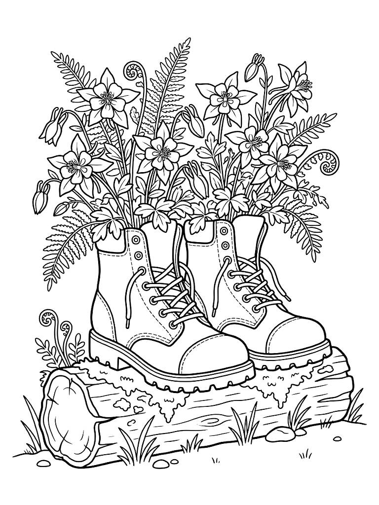 Pair Of Vintage Leather Hiking Boots Overflowing With Blooming Wild Columbines And Delicate Ferns Resting On A Mossy Log Coloring Page