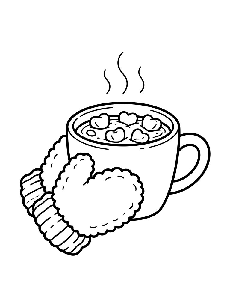 Pair Of Wool Mittens Holding A Steaming Mug Of Cocoa With Heart-shaped Marshmallows Coloring Page